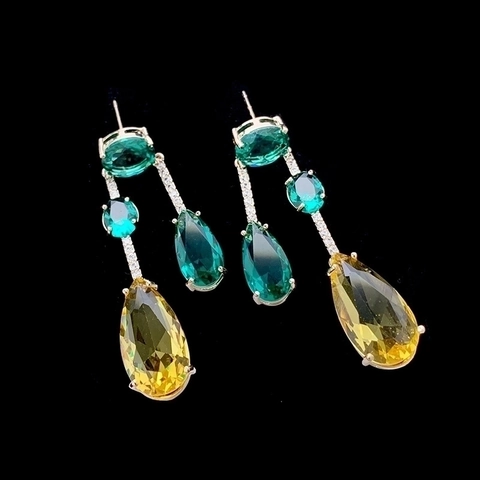Pendientes de Gota de Agua de Color de Contraste Vintage de Cobre con Circonia Incrustada Pendientes Largos con Poste de Plata Joyería de Lujo