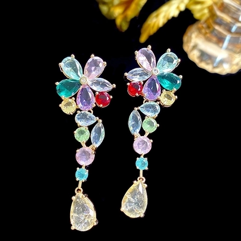 Exaggerated Western Style Multicolor Zirconia Flower Drop Earrings For Women Luxury Copper Inlaid Long Tassel Dangle Jewelry Gift
