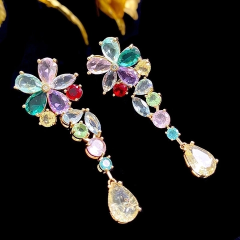 Exaggerated Western Style Multicolor Zirconia Flower Drop Earrings For Women Luxury Copper Inlaid Long Tassel Dangle Jewelry Gift