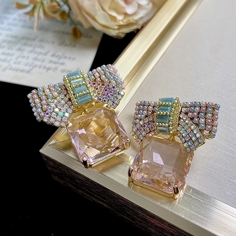 Bow Knot Drop Ohrringe Mit Bunten Künstliche Perlen Zirkon Quadratischem Rosa Kristall Vintage Luxus Party Schmuck Für Damen