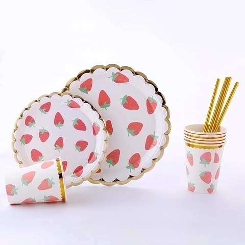 Disposable Paper Tableware Plates Cups Napkins Straws Fruit Pattern Strawberry Lemon Gold Foil Edge Birthday Party Decor