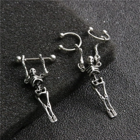 Gothik Totenkopf Skelett Ohrringe Edelstahl Barbell Hufeisen Körperschmuck Punk Street Style Für Männer Und Frauen