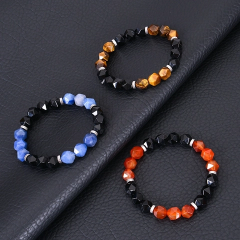 Pulsera De Cuentas De Piedra Natural Facetada Obsidiana Ojo De Tigre Ágata Geométrica Elástica Joyería Para Hombres Mujeres
