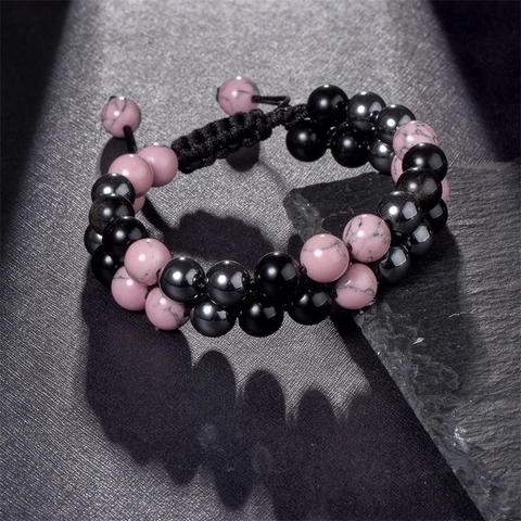Handmade Beaded Bracelet Pink Turquoise Obsidian Hematite Adjustable Braided Rope Double Layer Ethnic Unisex Jewelry