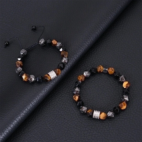 Beaded Bracelet Natural Tiger Eye Lava Stone Obsidian Stainless Steel Charm Handmade Vintage Jewelry Men Women