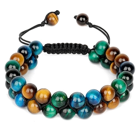 Natural Tiger Eye Stone Bracelet Layered Hand Woven Adjustable Multi Color Gemstone Fashion Jewelry For Men Women