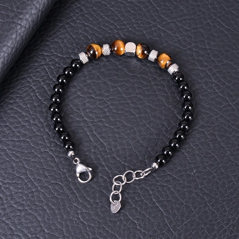 Natural Tiger Eye Obsidian Stone Bead Bracelet With Stainless Steel Lobster Clasp For Men Fashion Geometric Jewelry