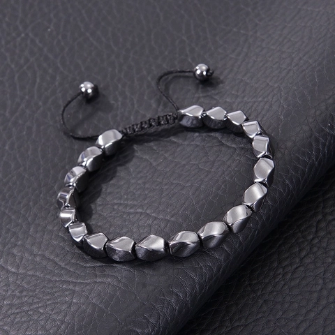 Bracciale In Ematite Intrecciato A Mano Perline Di Piedra Magnetica Irregolari Regolabile Geometrico Minimalista Unisex