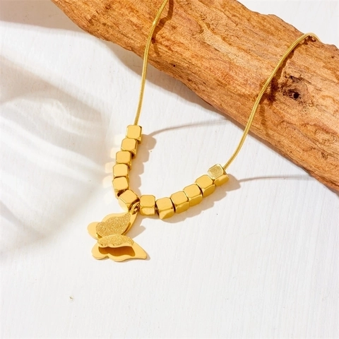 Collana Con Ciondolo A Farfalla Acciaio Al Titanio Farfalla Cubo 3D Con Perline Quadrate Catena A Serpente Tonda Gioielli
