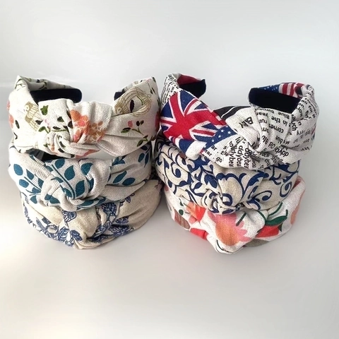 Damen Verknoteter Breiter Haarreif Baumwolle Leinen Blumenmuster Retro Britischer Stil Haarschmuck