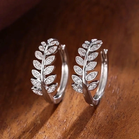 Copper Leaf Hoop Earrings With Micro Paved Zircon Olive Branch Design Elegant Floral Jewelry For Women