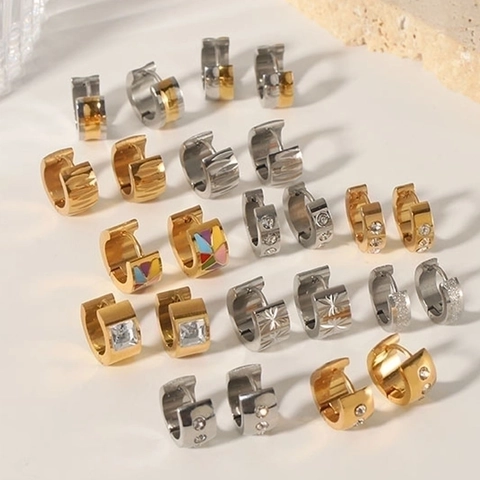 Stainless Steel Hoop Earrings 18K Gold Plated Geometric Huggies With Cubic Zirconia Enamel Hypoallergenic Jewelry For Women
