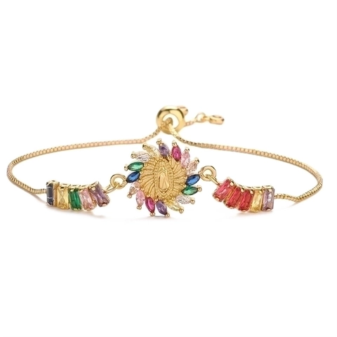 Adjustable Bracelet Gold Plated Copper With Colorful Zircon Heart Cross Virgin Mary Slider Clasp Jewelry For Women