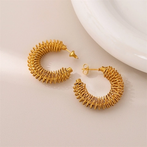 Stainless Steel Small Spring Hoop Earrings For Women Gold Geometric Twisted Wire Wrapped C Shape Coil Jewelry