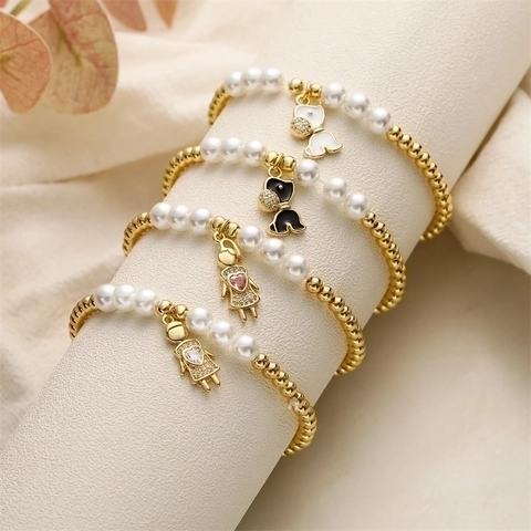 Beaded Bracelet Elastic Gold Plated Copper Beads Imitation Artificial Pearl Cartoon Animal Girl Pendant Enamel Zircon Fashion Jewelry Women Girls