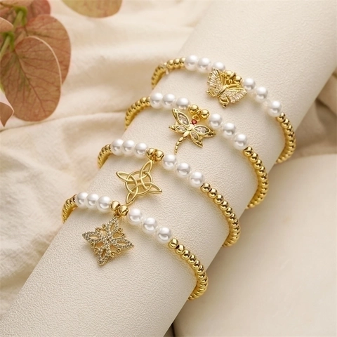 Elegante Bracciale Francese in Rame Placcato Oro con Zirconia Farfalla Libellula per Donna Gioielli con Perle Artificiali