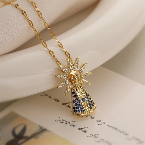 Religious Crown Virgin Mary Pendant Necklace For Women Men Gold Plated Copper Stainless Steel Chain Pave Zirconia Jewelry