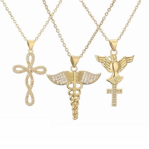 Collana con Pendente a Croce in Rame Placcato Oro Con Zirconia Ali di Angelo Colomba Caduceo Gioielli Religiosi Uomo Donna