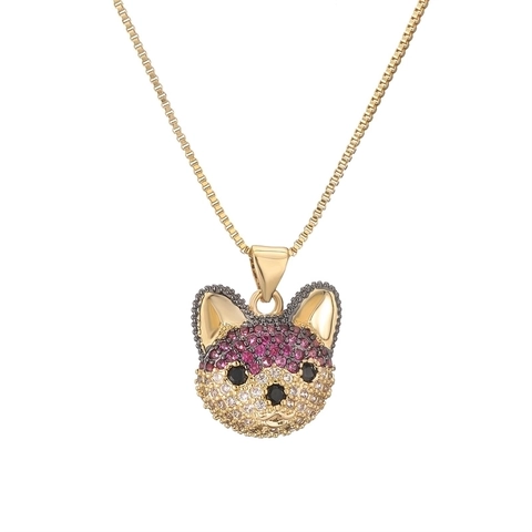 Trendy Copper Micro Pave Zirconia Cute Puppy Dog Head Pendant Necklace Box Chain Animal Shape Jewelry Gift For Unisex