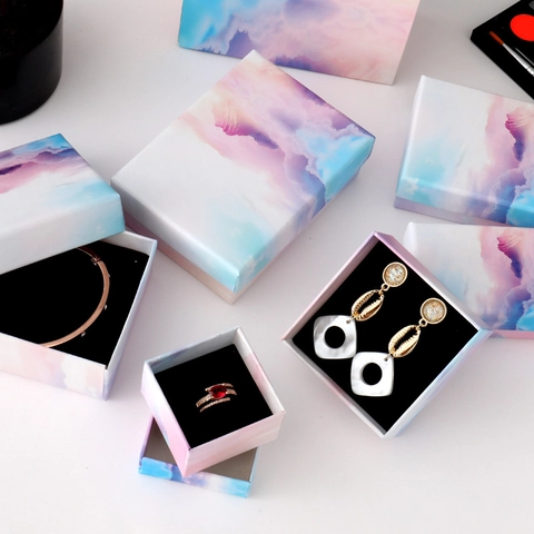 Gradiënt Wolk Sieradendoosje Dromerig Aquarel Bedrukt Papier Cadeauverpakking Voor Ketting Oorbel Ring Armband Sieraden Opbergdoos