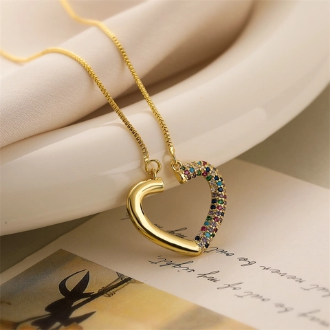 Heart Pendant Necklace Copper Gold Plated Colorful Zircon Simple Asymmetrical Jewelry For Women Niche Style