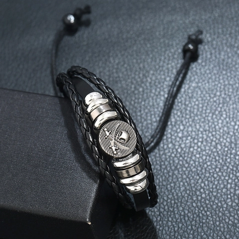 Multilayer Leather Bracelet Alloy Beaded Skull Crossed Swords Pirate Retro Punk Adjustable Jewelry For Men