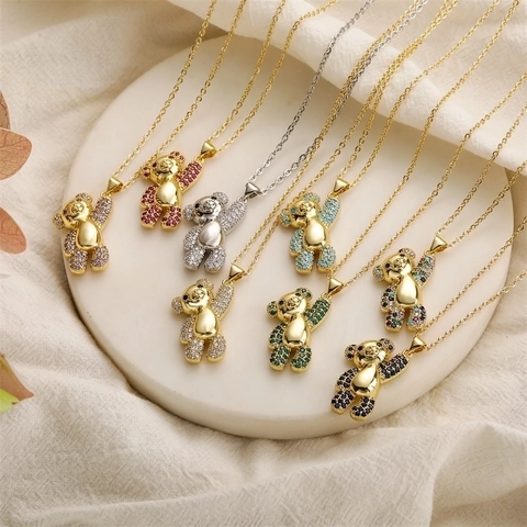 Collar Con Colgante De Oso Lindo Cobre Chapado En Oro Con Circón Colorido Micro Pavé Cadena De Lujo Para Mujeres