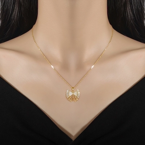 Bow Necklace And Earrings With Silver Earring Post White Shell Zircon Gold Plated Titanium Steel Jewelry