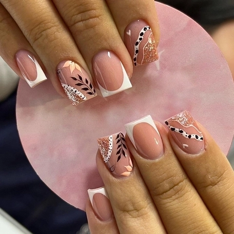 French Press On Nails White Tip Leaf Pattern Glitter Nude Pink Artificial Nails Square Long Elegant Style For Women