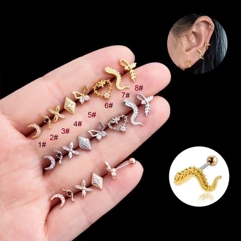 Stainless Steel Zircon Helix Stud Earrings Heart Moon Screw Back Piercing Jewelry Fashion For Women