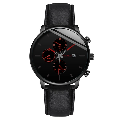 Fashion Men Quartz Watch Leather Strap Alloy Case Calendar Luxury Business Casual Wristwatch Three Sub Dials Male Timepiece
