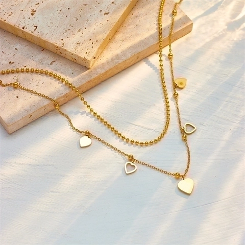 Double Layer Heart Pendant Necklace Titanium Steel Zircon Inlaid Bead Chain Trendy Dainty Jewelry For Women