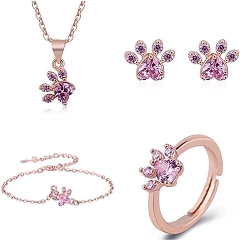 Gioielli Impronta Zampa Gatto Collana Bracciale Anello Aperto E Orecchini Con Perno Argento Zircone Cuore Rosa Rame