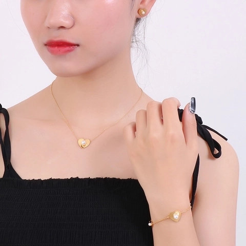 Stainless Steel Heart Pendant Necklace Shell Artificial Pearl Bracelet And Stud Earrings Elegant Chic Fashion Jewelry For Women