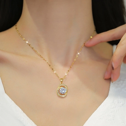 Halsketting Met Dubbele Ringhanger Titaniumstalen Ketting Koper Zirkonia Voor Dames Elegante Sieraden