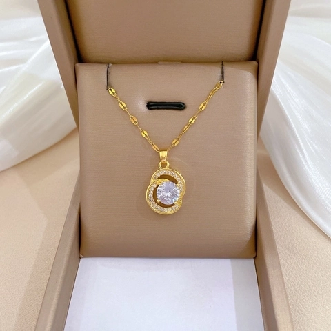Halsketting Met Dubbele Ringhanger Titaniumstalen Ketting Koper Zirkonia Voor Dames Elegante Sieraden