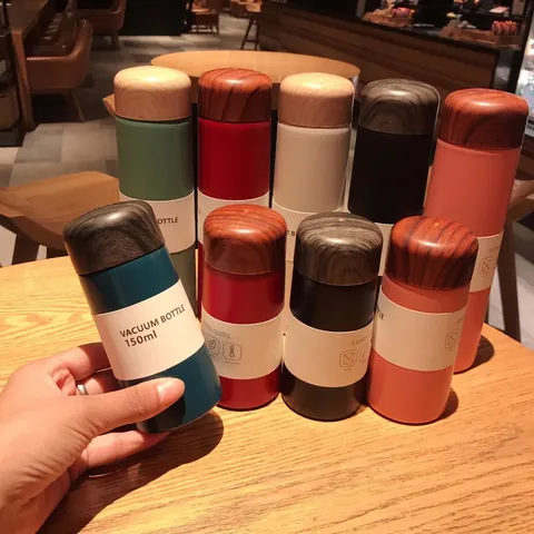 Mini Vacuum Insulated Bottle Stainless Steel Wood Grain Lid Portable Thermos With Tea Infuser Matte Finish Travel Office