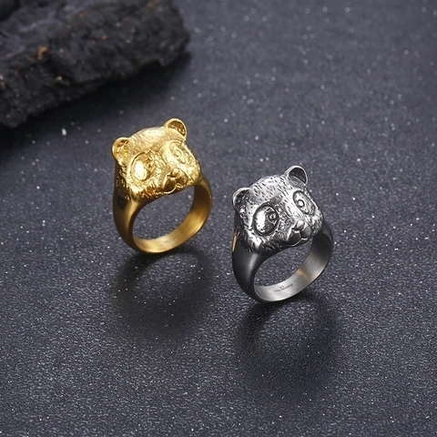 Anillo De Cabeza De Panda Para Hombre Acero Inoxidable 316L Relieve 3D Animal Punk Retro Hip Hop Joyería