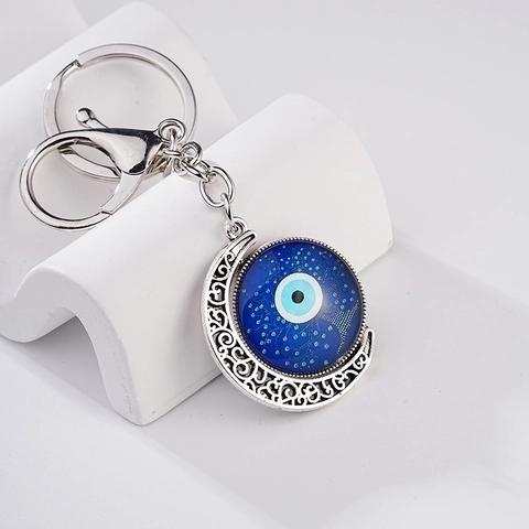 Portachiavi con Ciondolo Mezzaluna Occhio del Diavolo in Stile Turco Lega Metallo Argento Anello Chiave Perlina Vetro Blu Accessorio Borsa