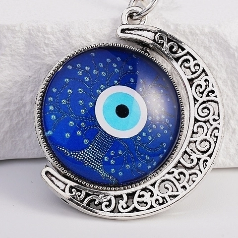 Portachiavi con Ciondolo Mezzaluna Occhio del Diavolo in Stile Turco Lega Metallo Argento Anello Chiave Perlina Vetro Blu Accessorio Borsa
