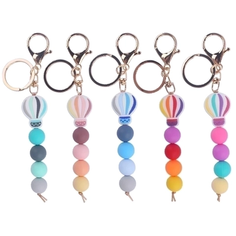 Cartoon Hot Air Balloon Silicone Beaded Keychain Striped Bead Key Ring Bag Pendant Charm For Women Girls Graduation Gift