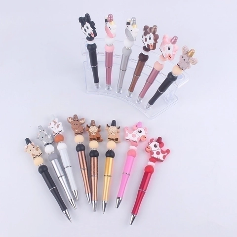 Beadable Ballpoint Pen With Cartoon Animal Silicone Beads Metal Barrel Rhinestone Decor DIY Writing Tool For Students
