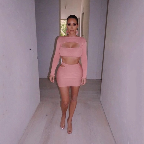 Outfit Gonna Donna Crop Top Maniche Lunghe E Minigonna Con Intagli Maglia A Coste Rosa Sexy Streetwear Abbigliamento Party