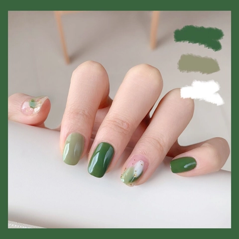 Forest Green Press On Nails Short Square Gold Foil Marble Design Artificial False Nails Waterproof Glossy Natural Women