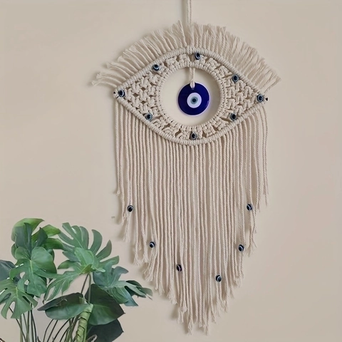 Tapiz De Macramé Ojo Turco Colgante De Pared Tejido A Mano De Cuerda De Algodón Con Cuentas De Vidrio Y Borlas