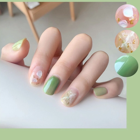 Marble Smudge Press On Nails Shell Flakes Gold Foil Sage Green Glossy Fake Nails Art For Women