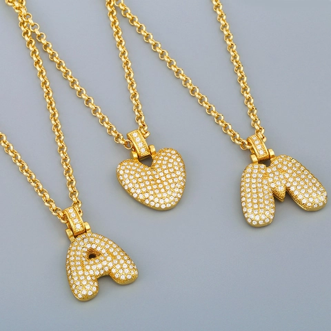 Initial Letter Pendant Necklace 18K Gold Plated Copper Pave Cubic Zirconia Bubble Alphabet Hip Hop Jewelry Women