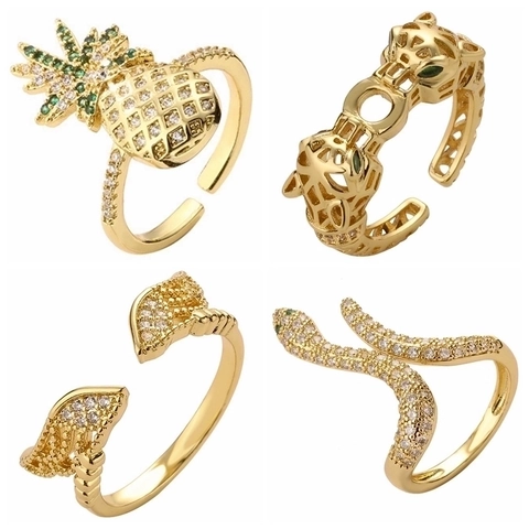 Fashion Copper Gold Plated Rhinestone Open Ring Vintage Leopard Head Snake Pineapple Pattern Adjustable Finger Ring For Women Party Gift Jewelry