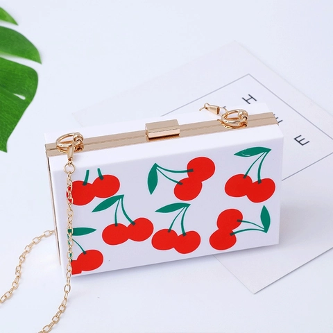 Pochette Da Sera Quadrata In Acrilico Stampa Ciliegia Anguria Borsa Da Festa Catena Dorata Guscio Rigido Stile Dolce Per Donne