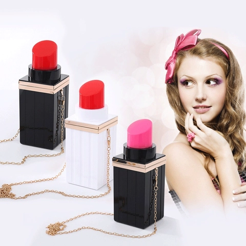 Lipstick Shaped Evening Bag Acrylic Hard Shell Clutch Gold Metal Chain Crossbody Shoulder Purse Novelty Party Handbag